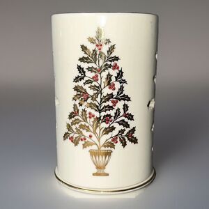 Lenox Eternal Christmas Tall Pierced Votive Candle Holder Porcelain Gold Tree